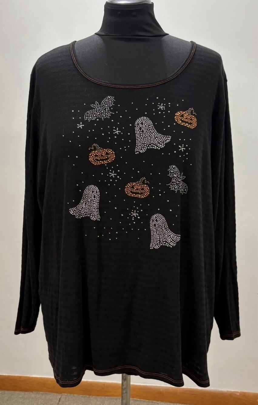 CJ Banks Womens 3X Halloween Shirt Rhinestone Ghost Pumpkin Bat Black Plus Size